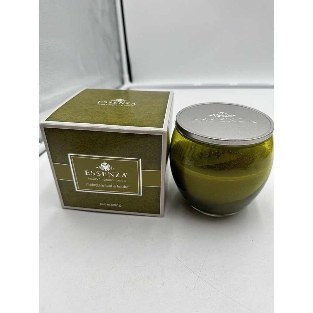 Essenza Fragrance Candle Mahogany Leaf Leather Green Wax Gift Box Mothers Day